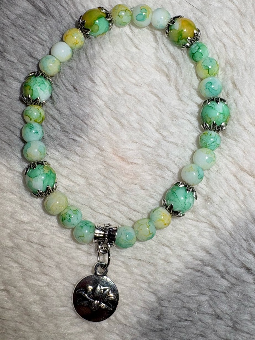 Green Agate Beaded Stretch Bracelet with Lotus Disc Charm